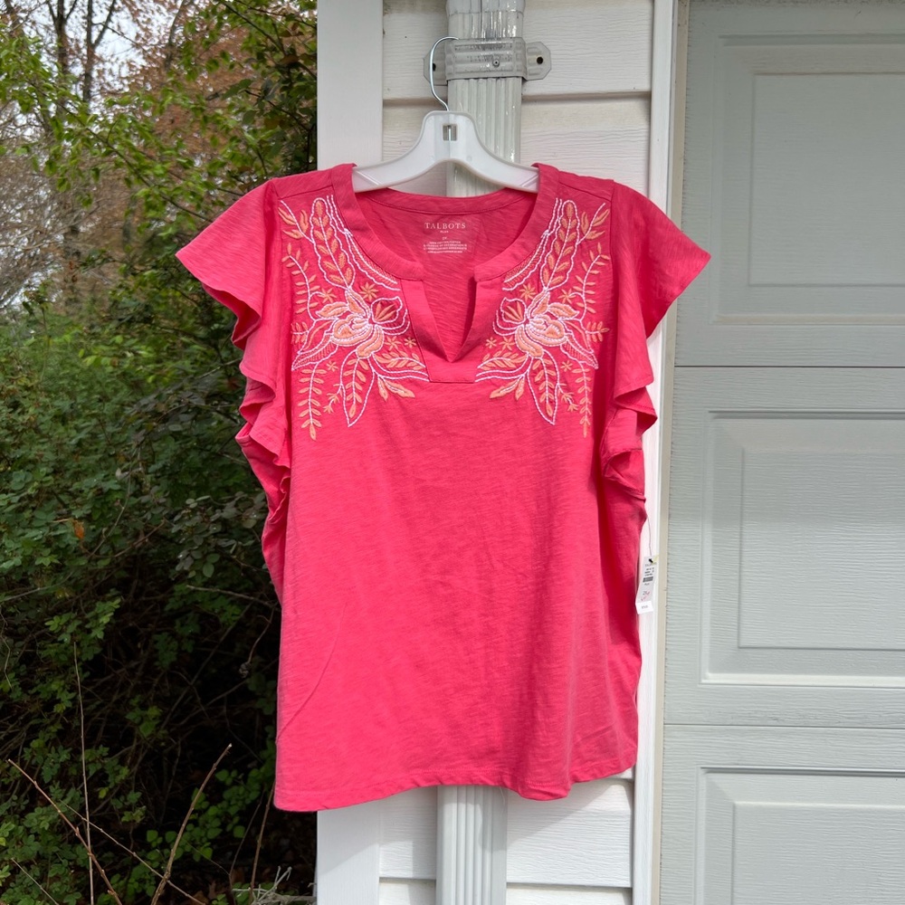 NWT Talbots Pretty Pink Peach White Floral Embroidered Flutter Sleeve Top